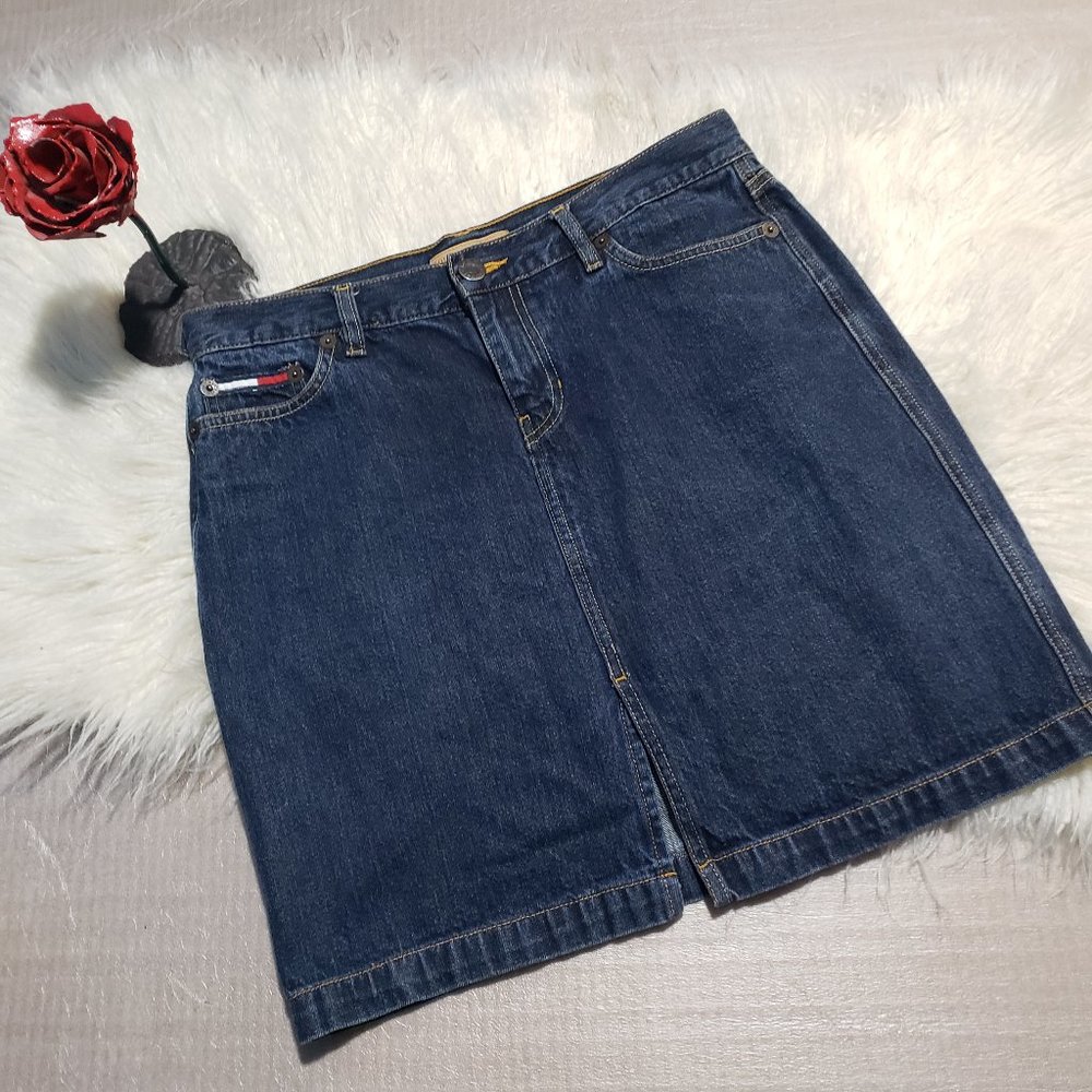tommy jeans blue denim skirt back pockets cotton
